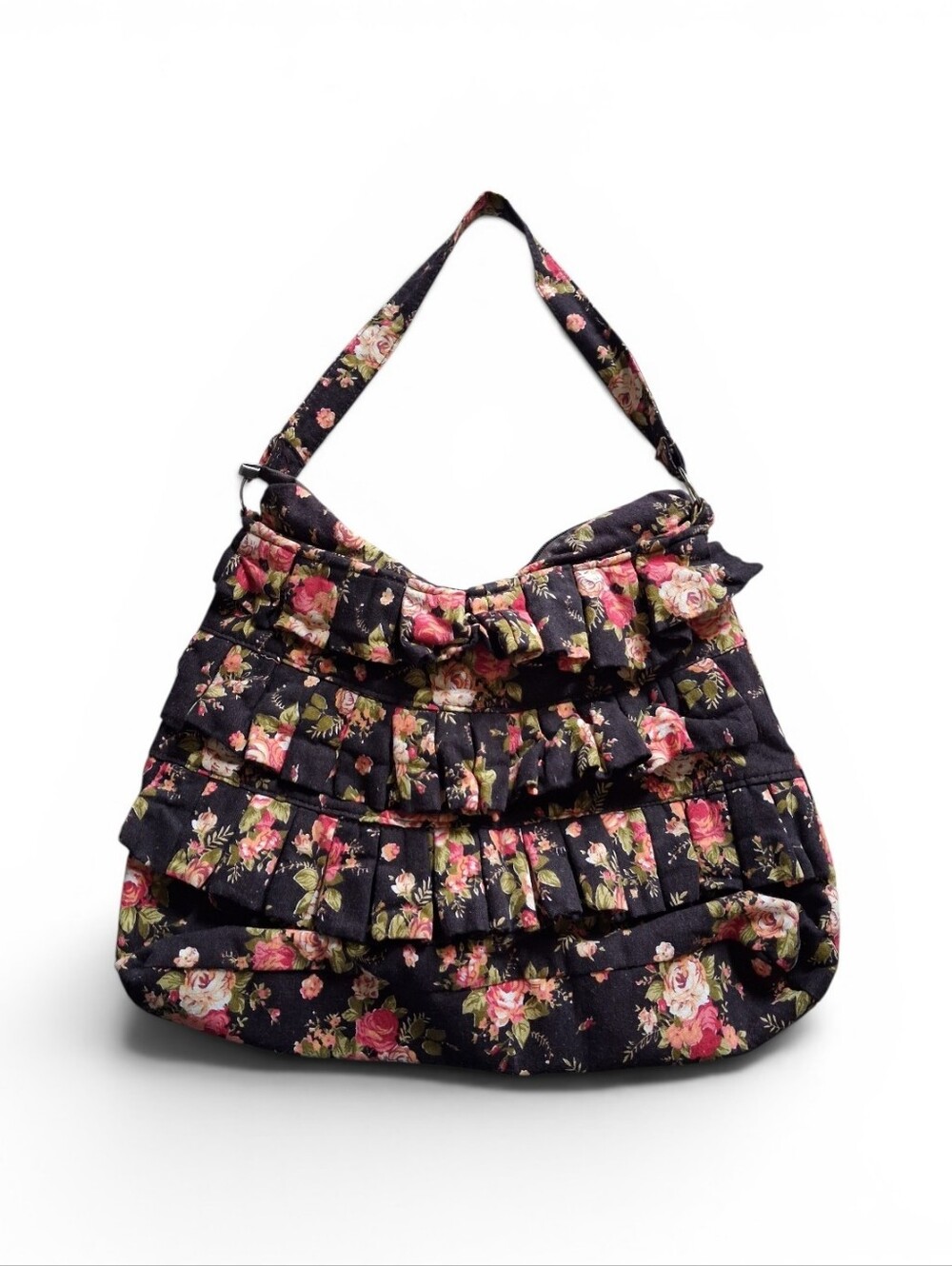 Floral-Print Black & Pink Shoulder Bag